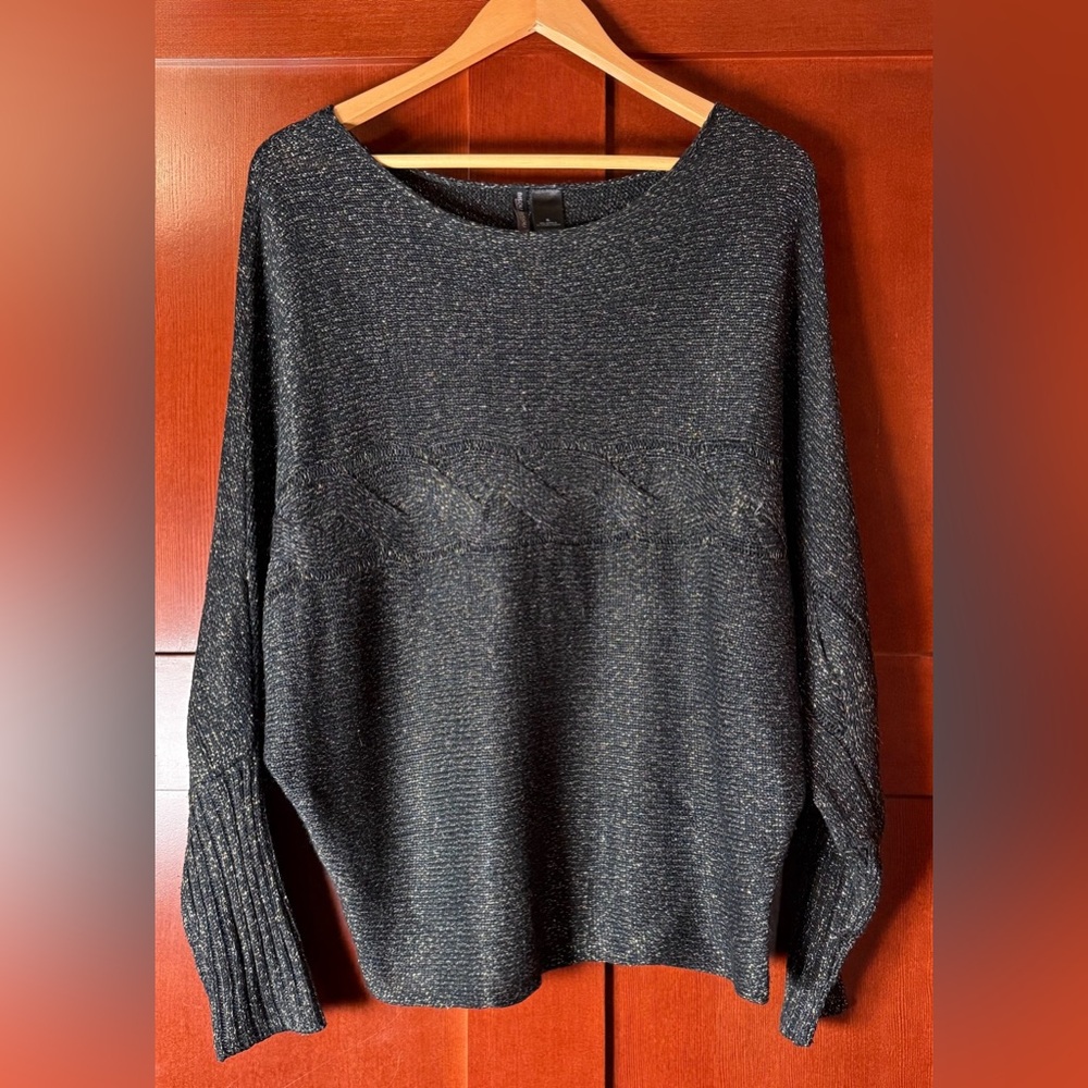 Bisou Bisou Gold Metallic & Black Bat Wing Sweater With Cable Design XL